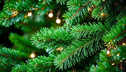 Obraz premium Festive evergreen pine branches with twinkling lights for christmas decor