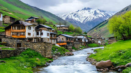 Fototapeta premium Traditional stone houses nestled along a winding river in a picturesque mountain valley.