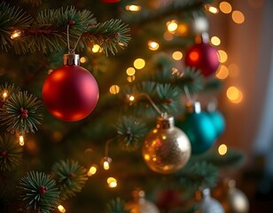 Christmas decoration of a Christmas tree, with balls and lights, in a luxurious house with a warm and calm atmosphere.