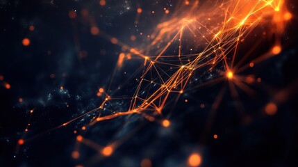 Abstract digital network with glowing lines and nodes on dark background.