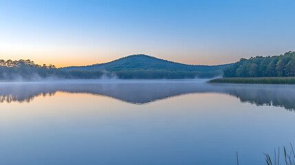 Fototapeta premium Tranquil morning mist rising above a still lake with a mountain in the background.