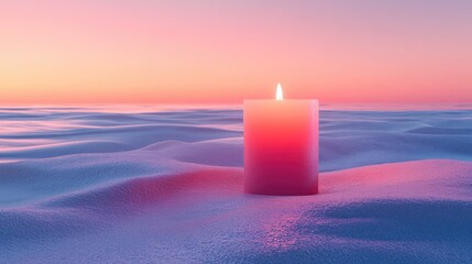 Serene candle glowing on a tranquil snowy landscape at sunset