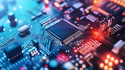 Obraz premium Abstract electronic circuitry and technology on a circuit board background -