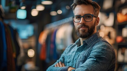 Fototapeta premium Confident Man Wearing Glasses in a Shop Image Illustration background for presentation and wallpaper Beautiful picture