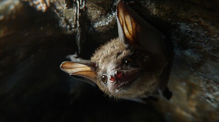 Obraz premium A close-up of a brown bat hanging upside down in a cave with its large ears and bright eyes visible.
