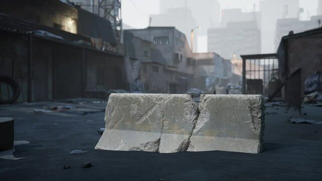 A damaged concrete block sits in the middle of an empty alley, surrounded by deteriorating buildings and debris. The settings desolation conveys a sense of neglect and abandonment.