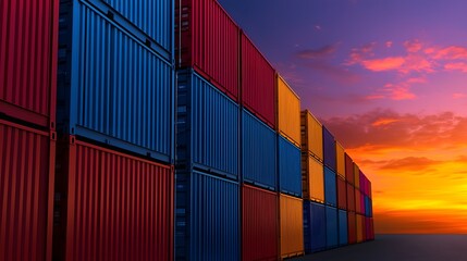 Fototapeta premium Shipping Containers at Sunset. Image Illustration background for presentation and wallpaper Beautiful picture