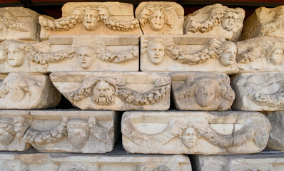 The ruins of Aphrodisias Ancient city (Afrodisias) in Turkey. The city was named after Aphrodite, the Greek goddess of love. Ancient Mask Relief
