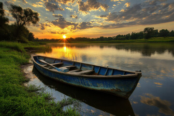 Obraz premium A rustic blue boat rests on a tranquil lake shore at sunset, creating a serene and picturesque scene with vibrant skies and calming reflections.