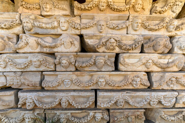 The ruins of Aphrodisias Ancient city (Afrodisias) in Turkey. The city was named after Aphrodite, the Greek goddess of love. Ancient Mask Relief