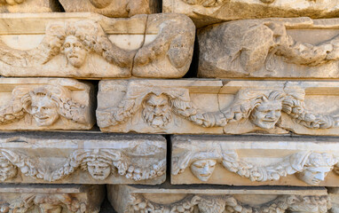 The ruins of Aphrodisias Ancient city (Afrodisias) in Turkey. The city was named after Aphrodite, the Greek goddess of love. Ancient Mask Relief