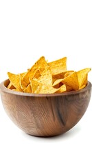 Nachos chips in wooden bowl isolated on white background