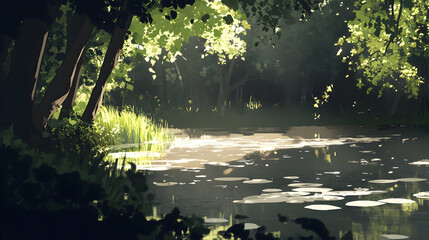 Naklejka premium Tranquil sunlight filters through the trees and illuminates the surface of a calm lake.