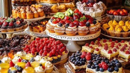 A table filled with a variety of delicious pastries, cakes and desserts, including fresh fruit toppings, chocolate, and cream.