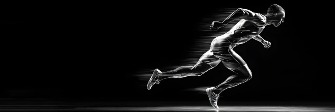 Dynamic silhouette of a runner in motion with streaking effects on a black background, symbolizing speed, power, and athletic excellence in a futuristic design