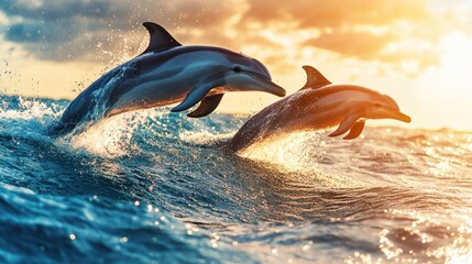 Fototapeta premium Two dolphins leap from the ocean waves at sunset.