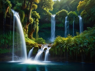 Naklejka premium Tranquil Waterfall in Lush Jungle