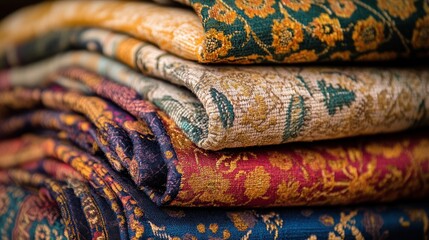 A close-up of a stack of folded fabric with different colorful patterns.