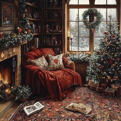 Cozy Christmas Room Fireplace Tree Books Red Chair