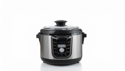 Instant Pot on White Background Isolated. Full Shot of Kitchen Utensils.