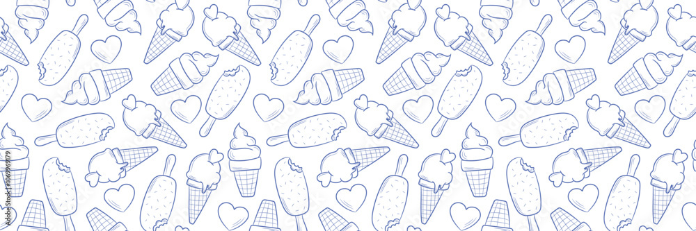 Poster ice cream line art vector banner, seamless repeating pattern design, summer background or cover desi