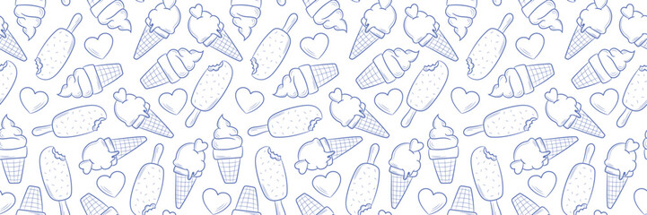 Ice cream line art vector banner, seamless repeating pattern design, summer background or cover design