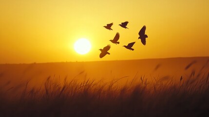 A group of birds in flight, their silhouettes stark against a golden sunrise.