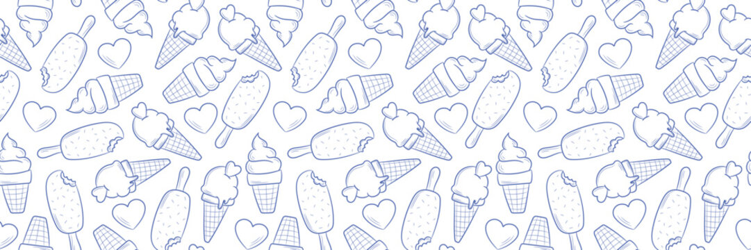 Ice cream line art vector banner, seamless repeating pattern design, summer background or cover design