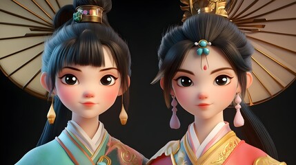 Fototapeta premium Two beautiful young women in traditional Chinese clothing with elaborate hairstyles and jewelry.