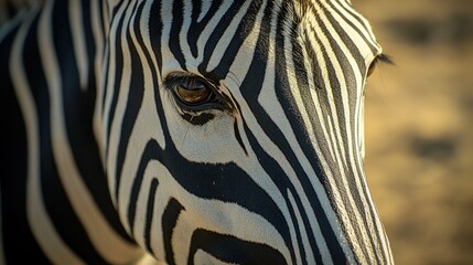 Fototapeta premium Close-up of a zebra's eye, showing the black and white stripes of its coat.