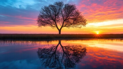 Obraz premium The powerful silhouette of trees reflected in the water is set against the backdrop of the colorful twilight sky.
