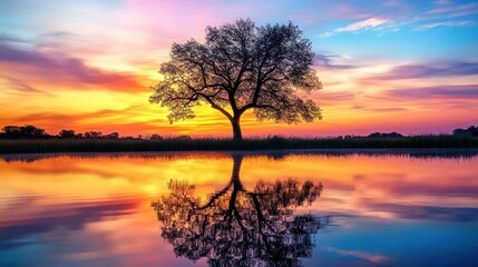 The powerful silhouette of trees reflected in the water is set against the backdrop of the colorful twilight sky.