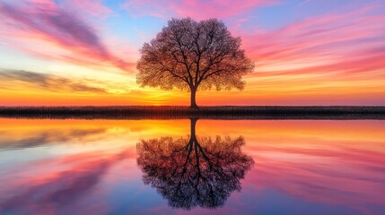 Fototapeta premium The powerful silhouette of trees reflected in the water is set against the backdrop of the colorful twilight sky.