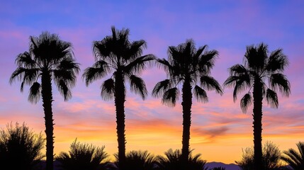 Silhouette of four palm trees against a vibrant sunset sky.