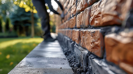 A modern, stylish concrete or brick low wall with sleek, designed for a contemporary residential space. a professional mason actively working, placing or adjusting the last few bricks or slabs.