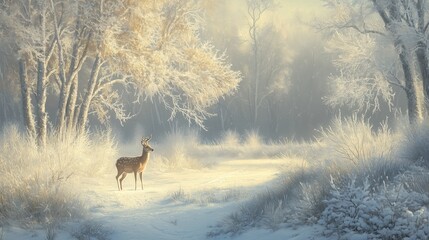 Naklejka premium Deer in a snowy field surrounded by frost-covered trees in early morning light