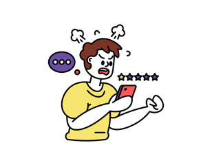 illustration of a man calling and getting angry at customer service staff. complain and report problems because of dissatisfaction. give a one star rating. outline style character design. elements