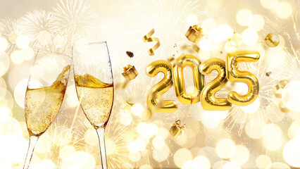Chin chin champagne on a golden bokeh background with 2025 balls, gifts, fireworks and sparks....