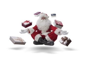 Santa Claus meditating and surrounded by gifts