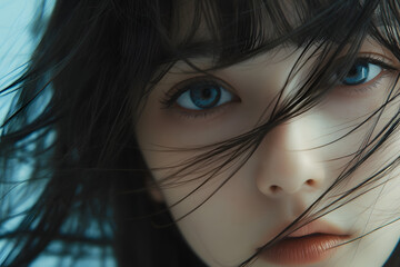 風に揺れる髪と青い瞳の美少女ポートレート