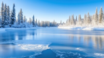 Fototapeta premium Frozen lake surrounded by snow-dusted trees under a clear, blue sky