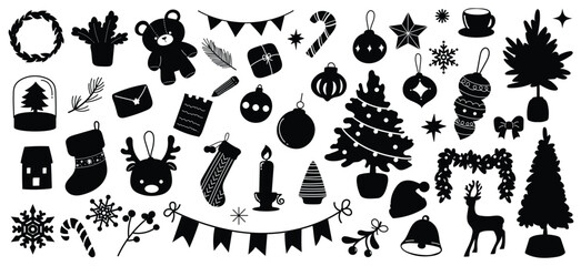 Set of Christmas silhouette outline vector elements. Christmas tree, reindeer, ornaments, winter, snowflake on white background. 