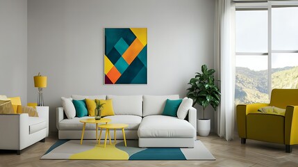 Modern Living room Concept . Minimalist interior design of modern living room with white sofa with colorful pillows at abstract Background .