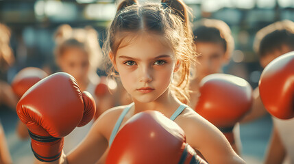 A group of children are practicing boxing in boxing gym.