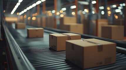 Cardboard Boxes on Conveyor Belt in a Warehouse Image Illustration background for presentation and wallpaper Beautiful picture