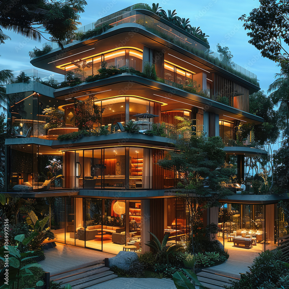Poster a tall architectural building designed for evening relaxation, featuring multi-level social areas wi