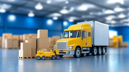 Naklejka premium yellow truck in warehouse with boxes and forklift
