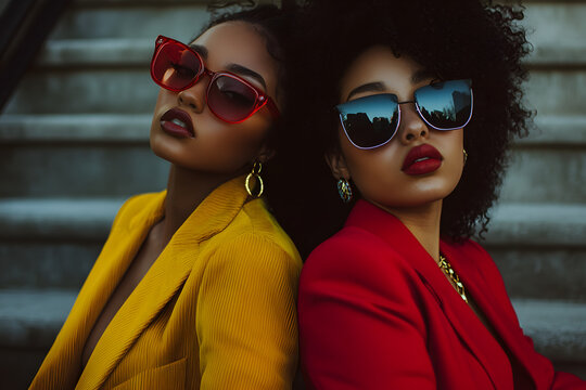 Stylish women in bold yellow and red outfits wearing statement sunglasses, exuding confidence, elegance, and modern fashion trends with a chic urban vibe