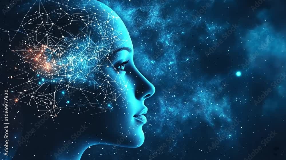Poster artificial intelligence concept with a human head made of connecting lines and dots representing the
