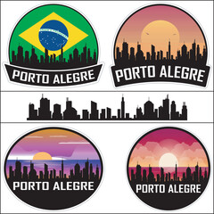 Obraz premium Porto Alegre Skyline Brazil Flag Cityscape Silhouette Travel Souvenir Sticker Sunset Isolated Vector